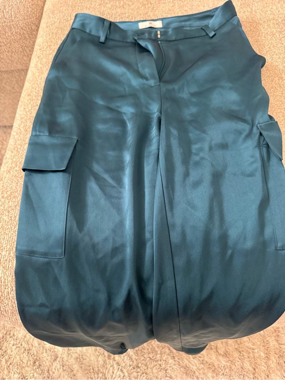 Aritzia High-Waist Teal Cargo Satin Pants with Pocket Details